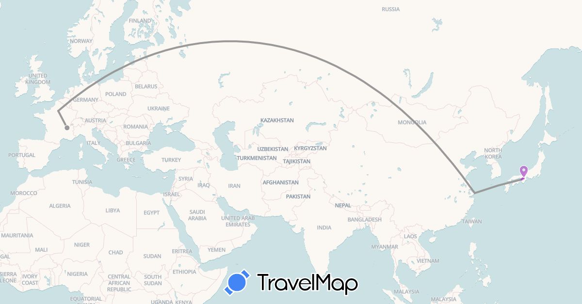 TravelMap itinerary: plane, train in China, France, Japan (Asia, Europe)